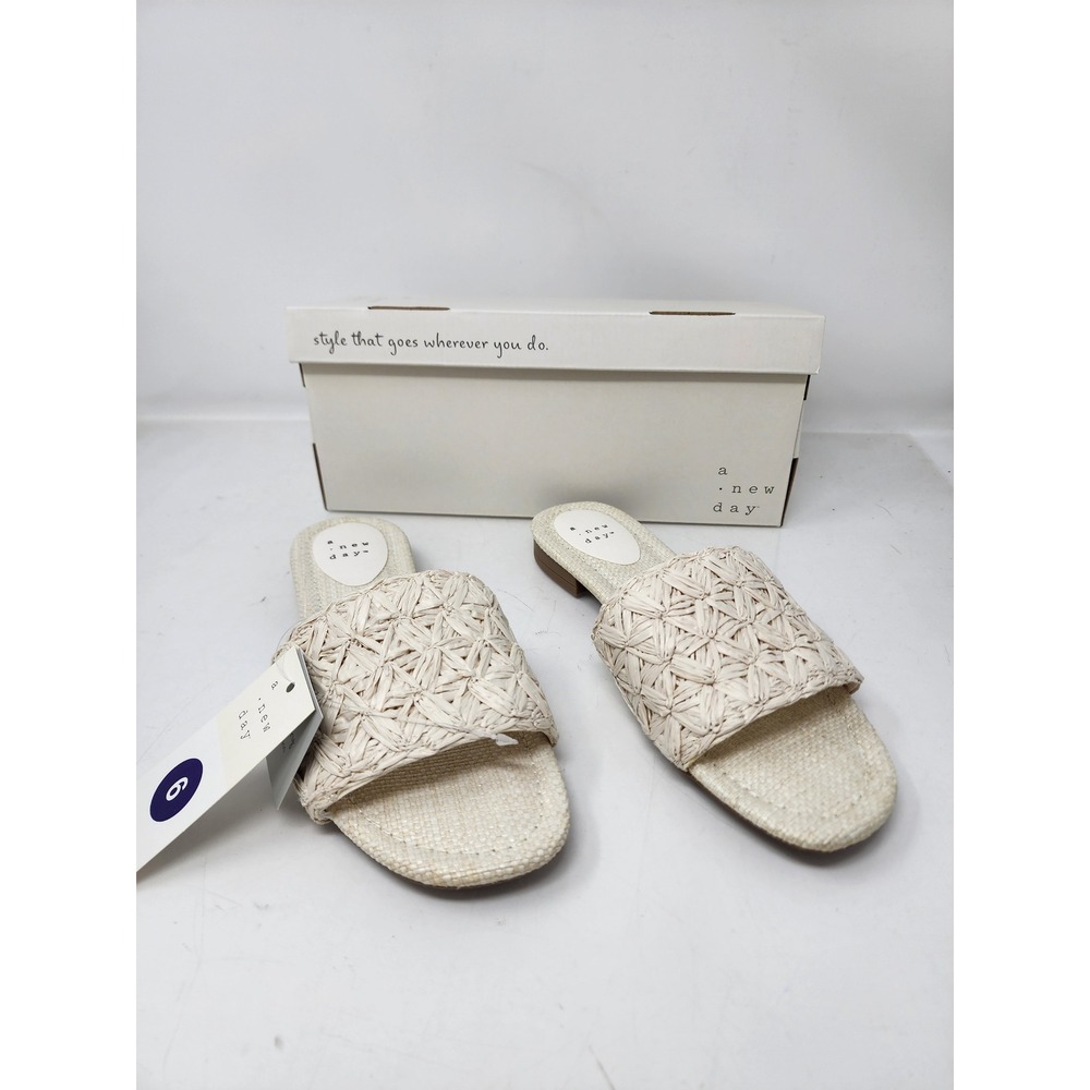 A New Day Womens Ariella Slide Sandals White Woven Raffia Memory Foam Size 6